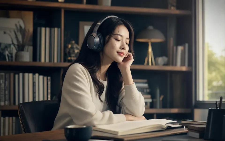 年轻女性在安静书房佩戴头戴式耳机听音乐