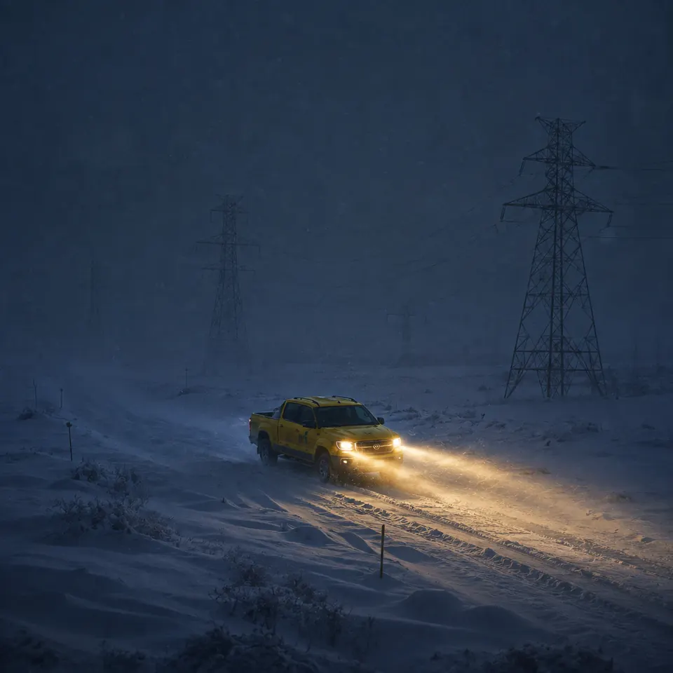 雪夜荒原中，黄色电网巡检车驶过输电塔下的积雪道路